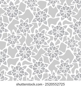 Padrão desenhado à mão, flores cinzas, fundo branco. Padrão floral contínuo-418.