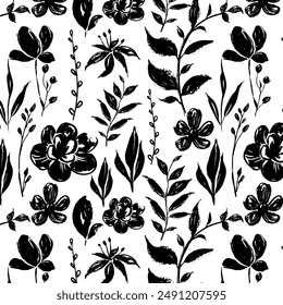 Hand drawn pattern with grunge flowers and leaves. Black inked wild flower silhouettes.