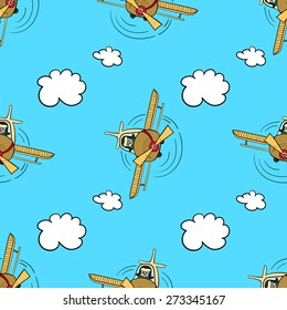 Hand drawn pattern. Happy pilot flying in the blue sky. 