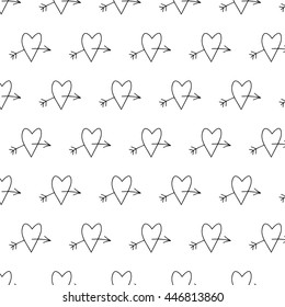 Hand drawn pattern of hearts with arrow, vector