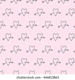 Hand drawn pattern of hearts with arrow, vector