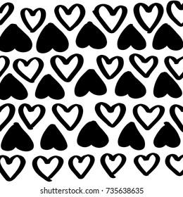 Hand drawn Pattern of Hearts in Doodle Style Outlined and Filled