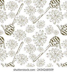 Dibujado a mano con cuchara de miel en boceto vintage. La ilustración vectorial se puede utilizar para envolver papel, textil, etiqueta de alimentos, impresión para productos de miel orgánica. 