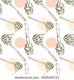 Hand drawn pattern with honey spoon in vintage sketch. Vector illustration can used for wrapping paper, textile, food label, print for organic honey products. 