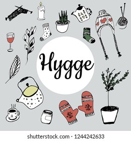 Hand drawn pattern with hygge elements. Time to Hygge. Winter objects set, doodle vector illustration. Scandinavian style