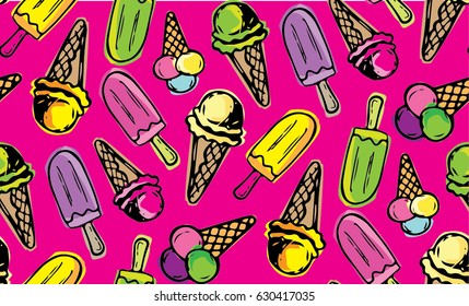Hand drawn pattern. Ice cream pattern. Ice cream vector background. Color vector pattern. Pattern background. Vector illustration.