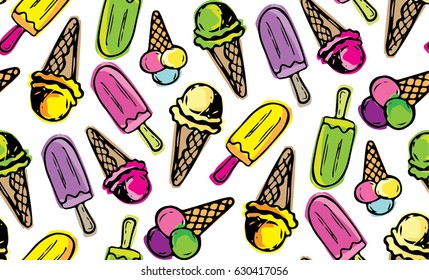 Hand drawn pattern. Ice cream pattern. Ice cream vector background. Color vector pattern. Pattern background. Vector illustration.