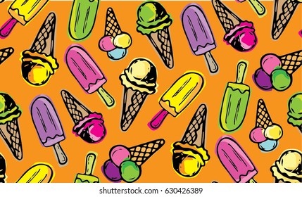 Hand drawn pattern. Ice cream pattern. Ice cream vector background. Color vector pattern. Pattern background. Vector illustration.