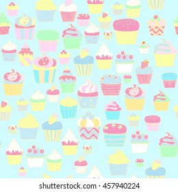 Hand drawn pattern illustration with cupcakes. Colorfully sketch.