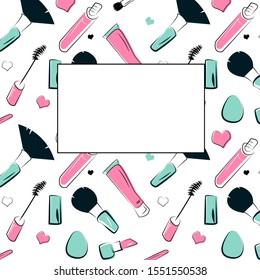 Hand drawn pattern illustration of makeup tools. Abstract design.Female cosmetics sketch isolated  beauty ptoduct. Concept for beauty salon, cosmetics label, cosmetology procedures, visage, makeup.