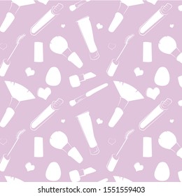 Hand drawn pattern illustration of makeup tools. Abstract design.Female cosmetics sketch isolated  beauty ptoduct. Concept for beauty salon, cosmetics label, cosmetology procedures, visage, makeup.