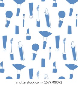 Hand drawn pattern illustration of makeup tools. Abstract design.Female cosmetics sketch isolated  beauty ptoduct. Concept for beauty salon, cosmetics label, cosmetology procedures, visage, makeup.