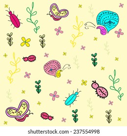 Hand drawn  pattern with insects. Butterfly, bugs, ladybug.