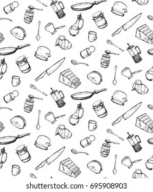 hand drawn pattern with kitchen utensils: teapot, brewer, bottle, oil, toaster, dripping pan, spoon