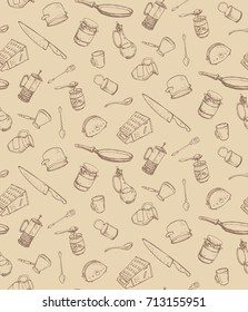 hand drawn pattern with kitchen utensils: teapot, brewer, bottle, oil, toaster, dripping pan, spoon