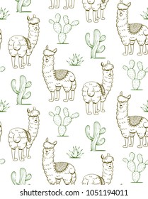 Hand drawn pattern of lamas and mexican plants. Vector illustration.