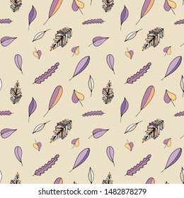 Hand drawn pattern with leaves in autumn color. Doodle drawing floral elements