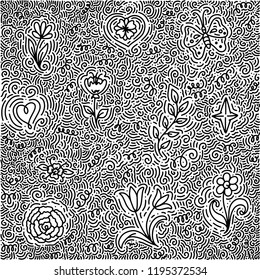 Hand drawn pattern with leaves and flowers. Doodles floral ornament. Black and white decorative elements. Perfect for wallpaper, web page background, surface textures.