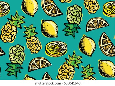 Hand drawn pattern with lemon, pineapple and lemon slice. Vector illustration.