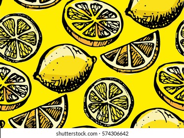 Hand drawn pattern with lemon and lemon slice. Vector illustration.