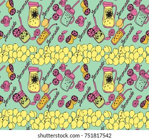 Hand drawn pattern of lemonade. Summer background with jug of lemonade, slices of lemons illustration 