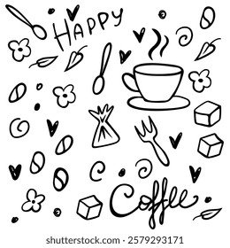 Hand drawn pattern: lettering happy coffee and flowers, mug, candy, leaf in doodle style isolated on a white background. Vector illustration. Trendy lettering for products sweets, packaging, cake, cup