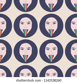 Hand Drawn pattern with lgbt girl or woman with rainbow tongue in psychodelic style. Illustrations Drawing Vector Sketch for textile, print, postcard, poster, background, book, t-shirt, wallpaper