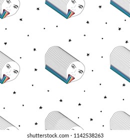 Hand Drawn pattern with lgbt girl or woman with rainbow tongue in psychodelic style. Illustrations Drawing Vector Sketch for textile, print, postcard, poster, background, book, t-shirt, wallpaper