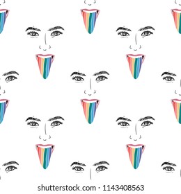 Hand Drawn pattern with lgbt girl or woman with rainbow tongue in psychodelic style. Illustrations Drawing Vector Sketch for textile, print,invitation, poster, background, book, t-shirt, wallpaper