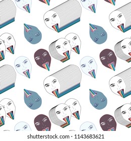 Hand Drawn pattern with lgbt girl or woman with rainbow tongue in psychodelic style. Illustrations Drawing Vector Sketch for textile, print,invitation, poster, background, book, t-shirt, wallpaper