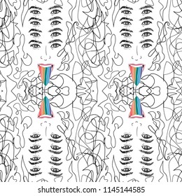 Hand Drawn pattern with lgbt girl or woman with rainbow tongue in psychodelic style. Illustrations Drawing Vector Sketch for textile, print, poster, background, book, t-shirt, wallpaper