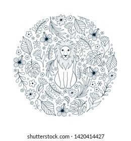 Hand drawn pattern with lion and tropical flowers on white background