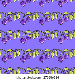 Hand drawn pattern made from branches with berries on the purple background. 