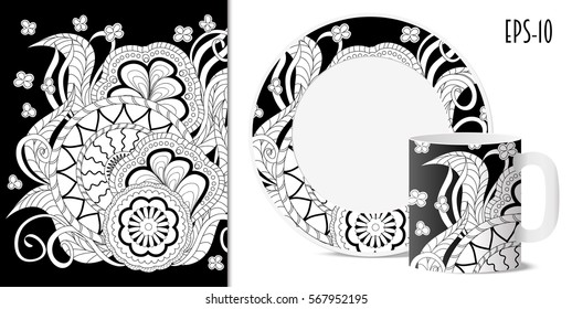 Hand drawn pattern with mandalas in zen style for decorate kitchenware, cup, dishes, porcelain, stationery,  bag, phone case. Mock-up isolated cup and saucer. eps 10.