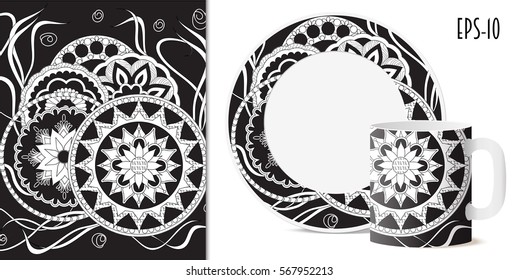 Hand drawn pattern with mandalas in zen style for decorate kitchenware, cup, dishes, porcelain, stationery,  bag, phone case. Mock-up isolated cup and saucer. eps 10.