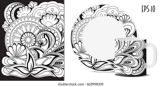 Hand drawn  pattern with mandalas in zen style for decorate kitchenware, cup, dishes, porcelain, stationery. Mock-up of mug and saucer. eps 10.
