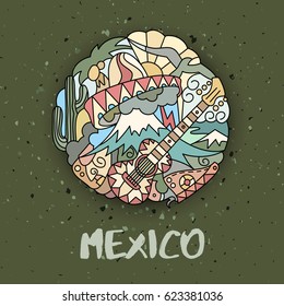 Hand drawn pattern. Mexican theme. Elements of doodles. Bright isolated outline on green grunge background with dots.