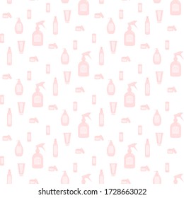 Hand drawn pattern of moisture atomizer, liquid soap dispenser, lotion jar, face cream tube. Cosmetic containers seamless on white background. Can be used for fabrics, wallpapers, wrapping, decoration