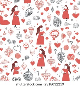 A hand drawn pattern with mommy pregnancy and a baby playing