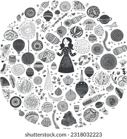 A hand drawn pattern with mommy pregnancy and a baby playing