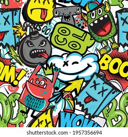 hand drawn pattern with monsters for boys. Slogans, graffiti background. For children's textiles, wrapping paper, prints
