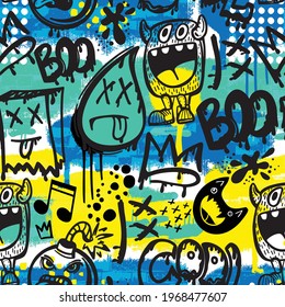 hand drawn pattern with monsters for boys. Slogans, graffiti background. For children's textiles, wrapping paper, prints
