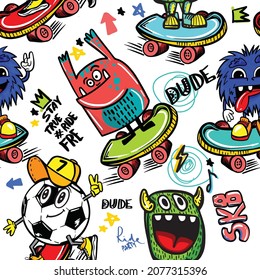 hand drawn pattern with monsters for boys. Slogans, graffiti background. For children's textiles, wrapping paper, prints
