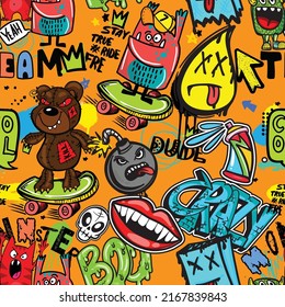 hand drawn pattern with monsters for boys. Slogans, graffiti background. For children's textiles, wrapping paper, prints
