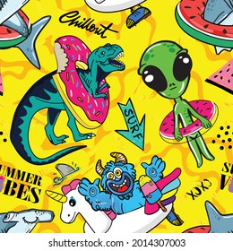 hand drawn pattern with monsters, shark, alien . Slogans, graffiti background. For children's textiles, wrapping paper, prints
