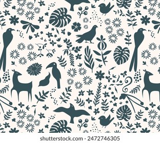 Hand Drawn Pattern with Nature Elements with Vector Set of Plants and Animals of the Forest