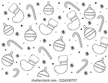 Hand drawn pattern with new year and christmas elements. Background with christmas decorations. Black and White line art