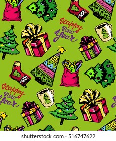 Hand drawn pattern with new year and christmas elements. Background with new year decoration. Happy new year 2017!