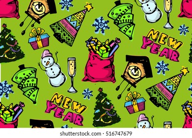 Hand drawn pattern with new year and christmas elements. Background with new year decoration. Happy new year 2017!