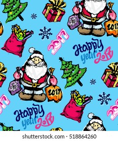 Hand drawn pattern with new year and christmas elements. Background with new year decoration. Happy new year 2017!